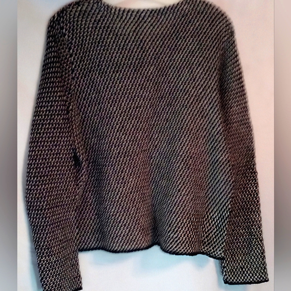 Eileen Fisher Organic Linen   Blend Hidden Snap Black White Knit Cardigan SZ L - Picture 2 of 11